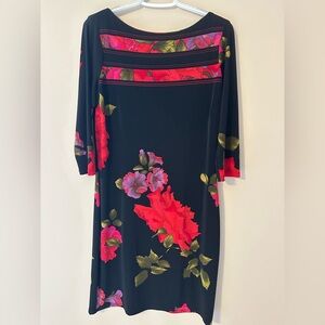 Jones Wear Black Dress with Red and Green Floral Design. Size 10/Fits Like 8